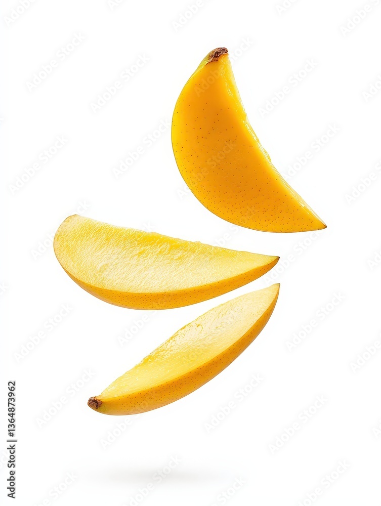 Falling identical mango slices floating in the air isolated on white background Falling identical mango slices floating in the air isolated on white background