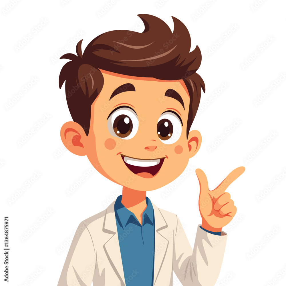Cartoon doctor pointing upward with cheerful expression on white background Cartoon doctor pointing upward with cheerful expression on white background