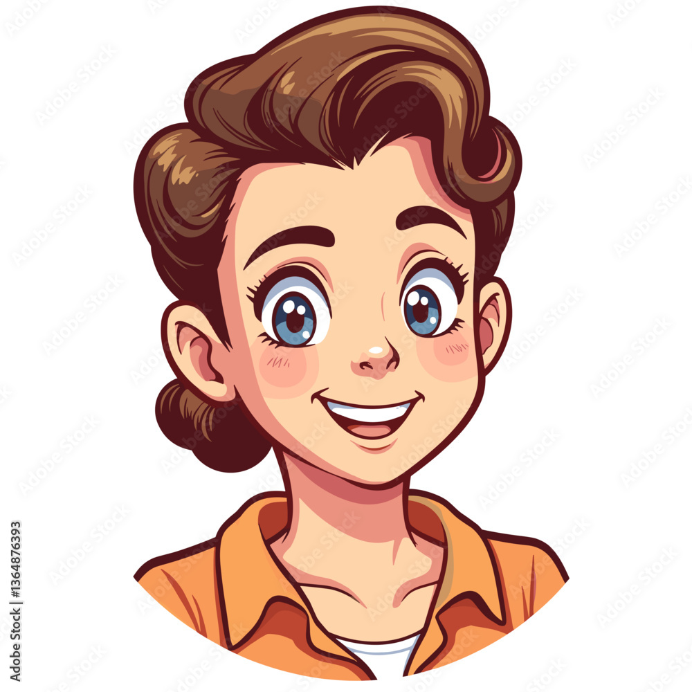 Cartoon cheerful woman in orange shirt smiling brightly on white background Cartoon cheerful woman in orange shirt smiling brightly on white background