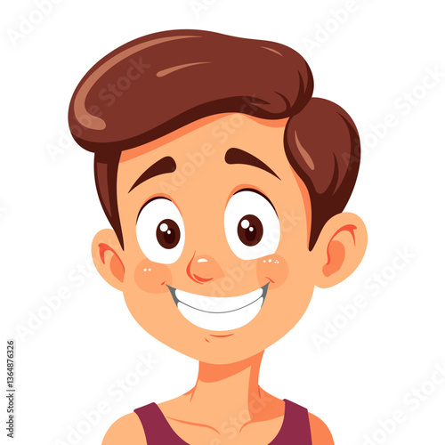 Cartoon man with sleeveless shirt smiling widely on white background