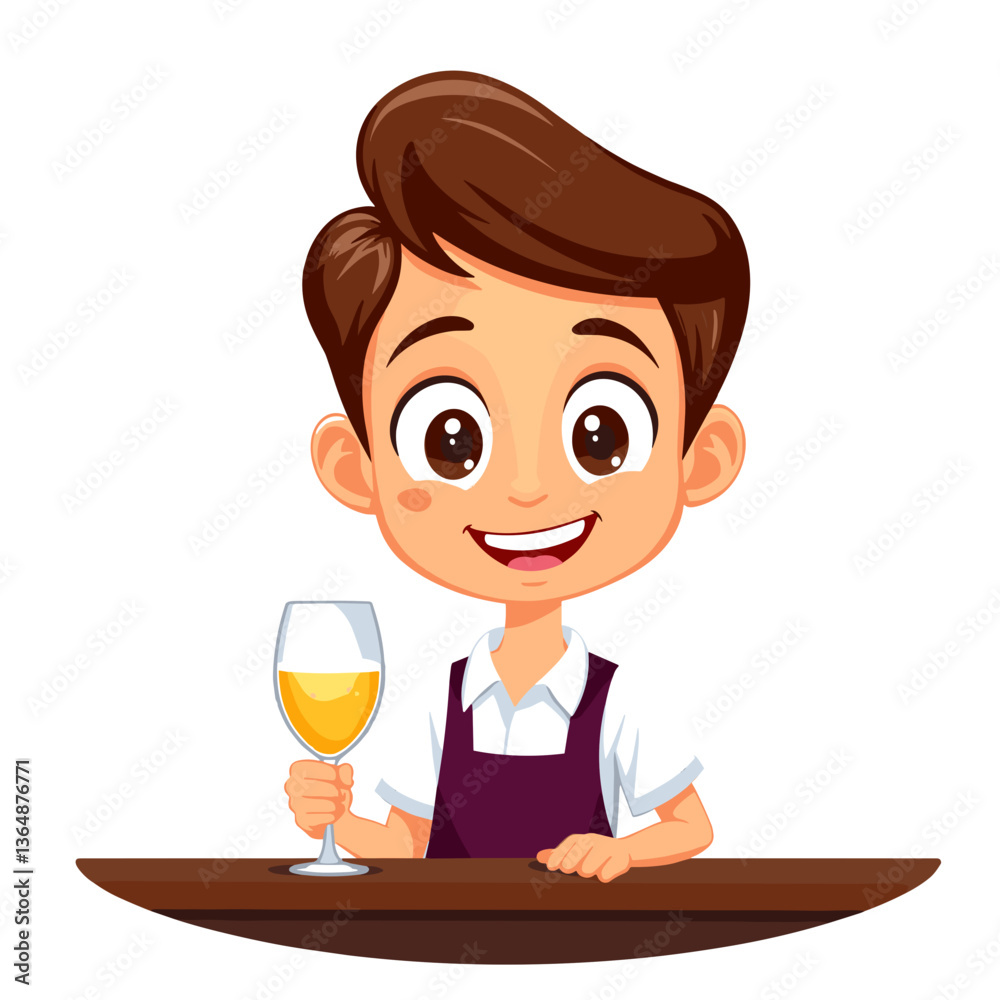 Cartoon waiter boy serving drink with smile on white background Cartoon waiter boy serving drink with smile on white background