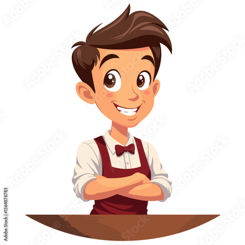Cartoon male waiter in apron smiling calmly on white background
