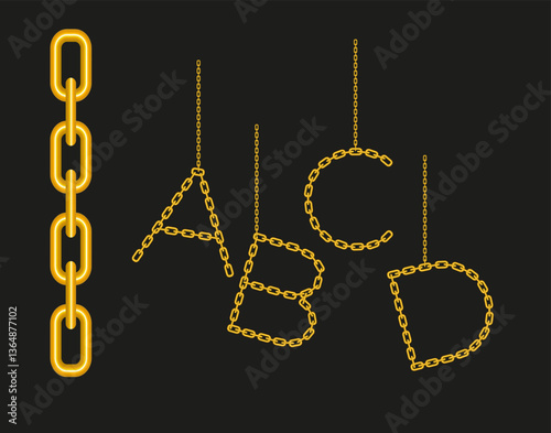ABCD, letters, text. A gold keychain in the shape of a letter. Gradient gold letters, hand-drawn in the form of a gold chain. 