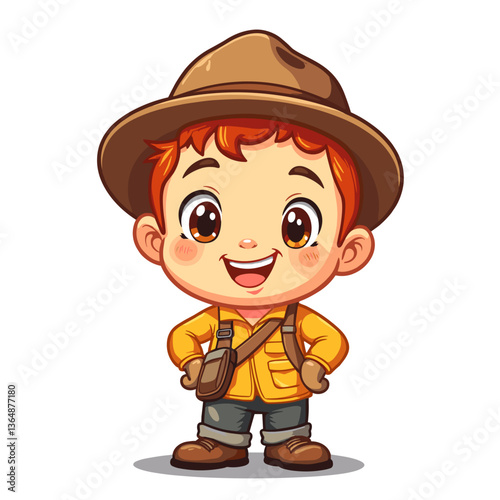Cartoon explorer boy in safari hat smiling brightly on white background