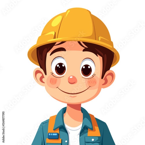 Cartoon boy smiling in a construction helmet with a playful background  