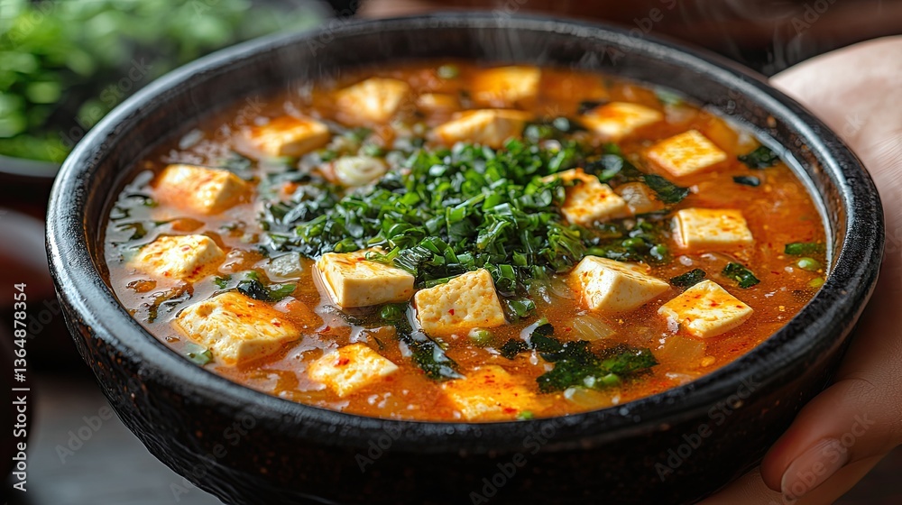 A steaming bowl of savory tofu vegetable soup is presented A steaming bowl of savory tofu vegetable soup is presented