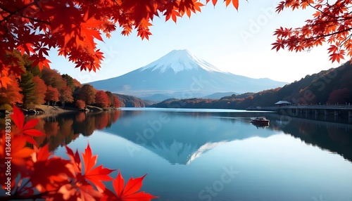 Mount Fuji and Autumn Foliage Reflecting on Lake