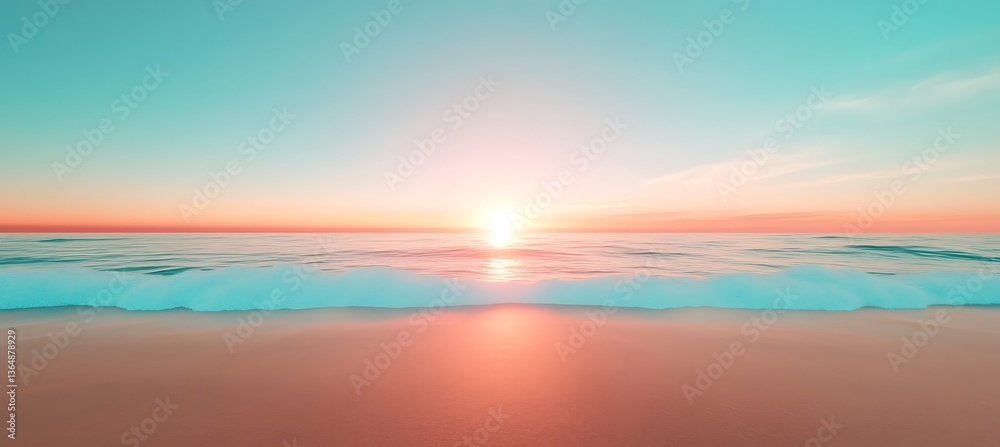 Naklejka premium Beautiful sunrise over a calm ocean and sandy beach scene