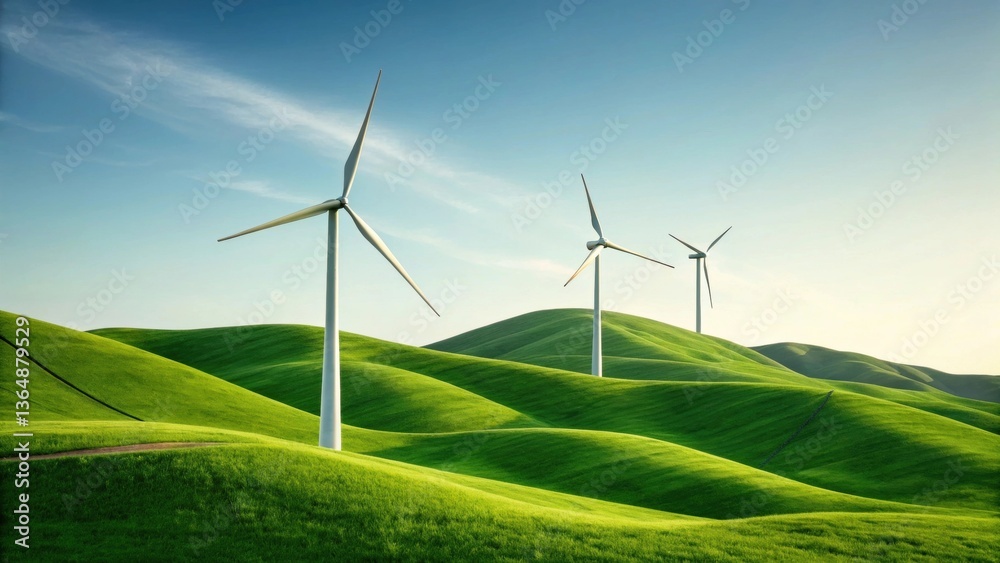 Wind turbines stand tall on green hills under a clear blue sky, showcasing renewable energy and nature's beauty. Wind turbines stand tall on green hills under a clear blue sky, showcasing renewable energy and nature's beauty.