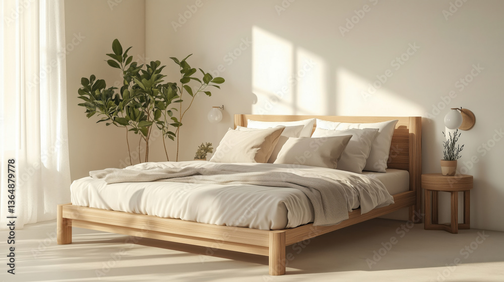 Modern wooden bed with soft bedding and indoor plants Modern wooden bed with soft bedding and indoor plants