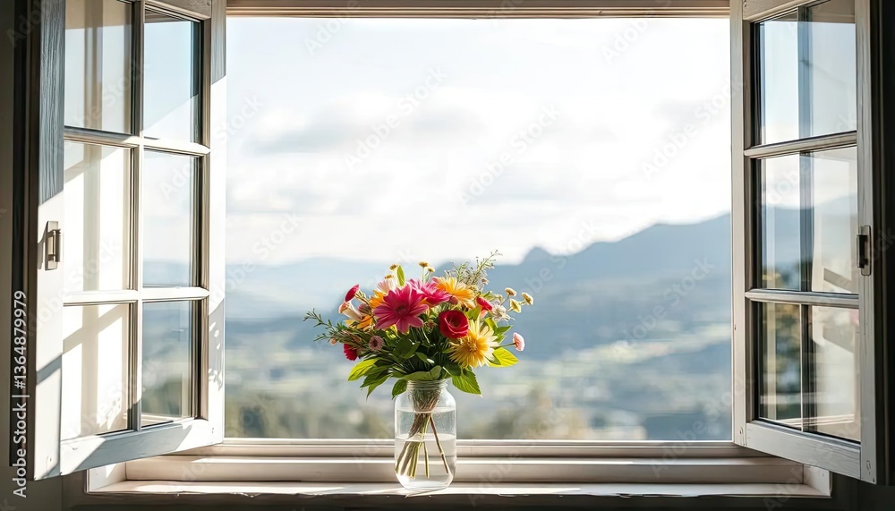 Obraz premium Bouquet in window, mountain view