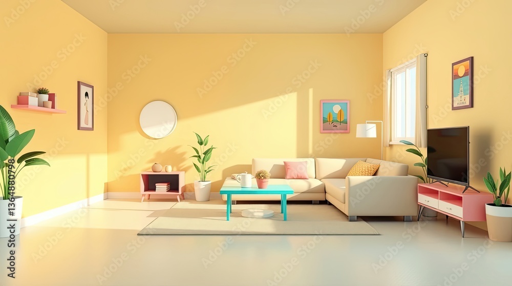 Fototapeta premium Sunny yellow living room showcases bright colors and modern furniture