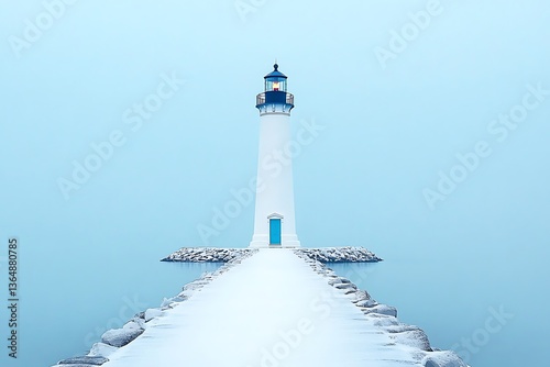 A solitary white lighthouse stands at the end of a long snowy pier