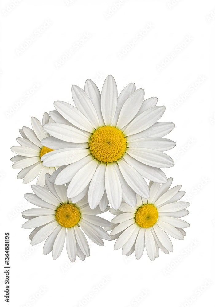 Obraz premium Four daisies bloom brightly against a stark white background showcasing their delicate petals and sunny centers.. AI Generated