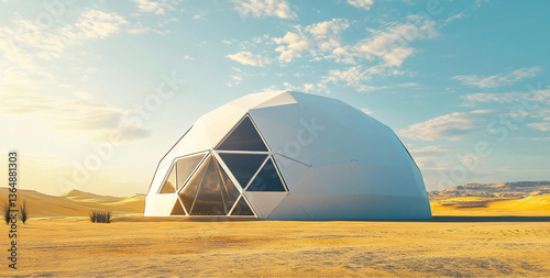 large geo dome with the triangular sub-structure in white color, situated in flat yellowish sandy ground