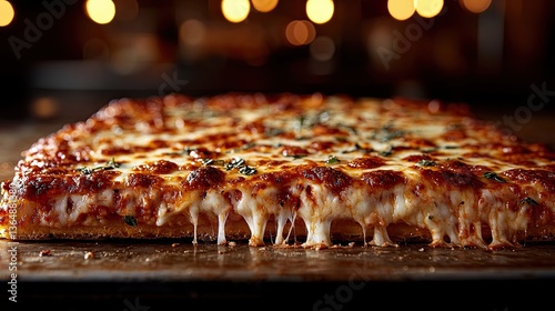 A delicious close up of cheesy and saucy square pizza