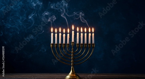 Illuminated Menorah with Burning Candles and Smoke Trails on Dark Background Hanukkah Celebration