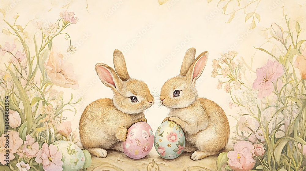 Easter Bunnies with Eggs in Garden. Easter Bunnies with Eggs in Garden.
