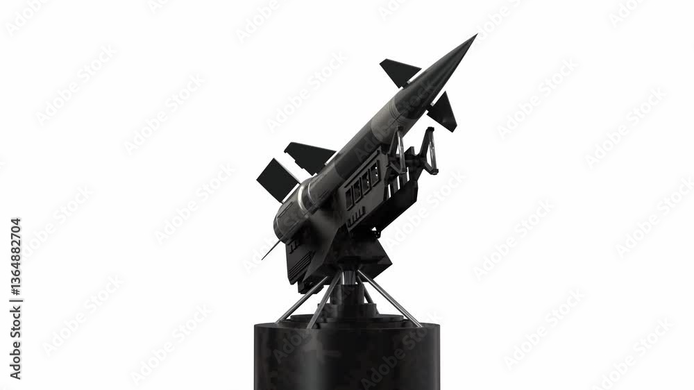Single missile on a launcher, white background - 3D 4k animation (3840x2160px) Single missile on a launcher, white background - 3D 4k animation (3840x2160px)