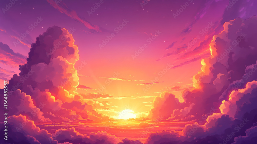 Fototapeta premium Sunset anime cloud vector cartoon scene background. Summer cloudy weather air design. Beautiful pink, orange and purple evening panorama wallpaper. Fluffy romantic horizon graphic illustration