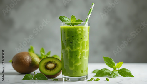 A tall glass of vibrant green smoothie, positioned slightly off-center to the right of the image, is the focal point