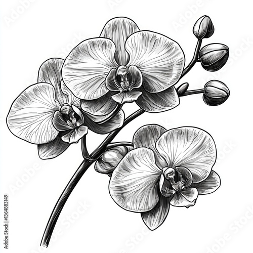Detailed monochrome illustration of an orchid sprig.  Two blossoms are in full bloom, with several buds