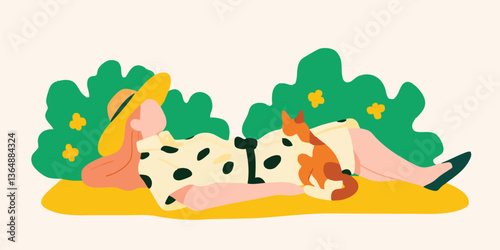 A carefree woman is lying down with a cat in the garden, basking in the warmth of a sunny day, embodying the simplicity of contentment and relaxation. 