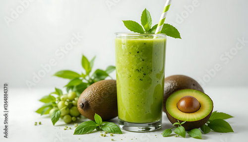 A tall glass of vibrant green smoothie, positioned slightly off-center to the right of the image, is the focal point
