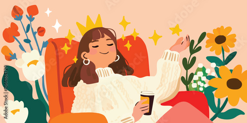 A relaxed woman, adorned with a crown, revels in a moment of tranquil bliss, basking in the serenity of her personal space amid the gentle embrace of floral abundance.