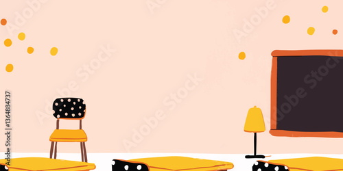 A vibrant illustration of a classroom interior, with a chalkboard, and chairs, and minimalist shapes, bathed in soft, inviting tones.