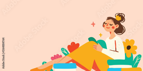A blissful woman, nestled amidst vibrant blossoms and colorful books, radiates tranquility and serenity. The illustration exudes a sense of peace and joy.