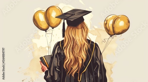 A blonde girl with long hair, wearing a black graduation gown, holds her diploma and is surrounded by gold balloons