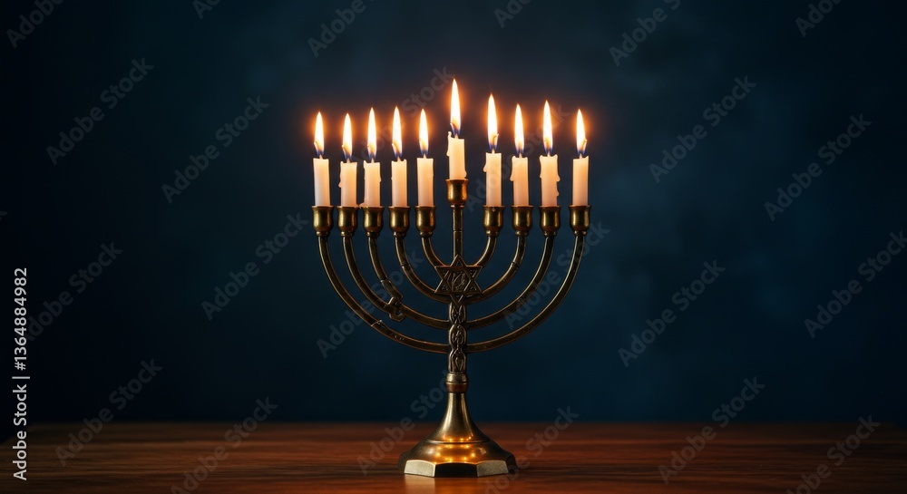 Illuminated Menorah with Nine Burning Candles Festive Hanukkah Celebration Illuminated Menorah with Nine Burning Candles Festive Hanukkah Celebration