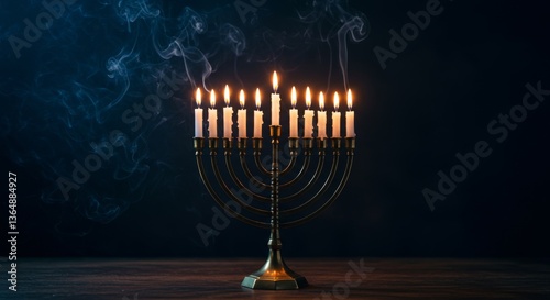 Illuminated Menorah with Nine Candles Burning Brightly Smoke and Dark Background Hanukkah