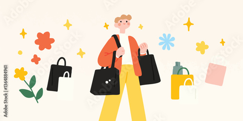 A well-dressed individual strides confidently, carrying an array of shopping bags, celebrating the joy of purchasing, enhanced by illustrations.