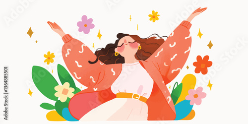 A lively illustration depicting a woman radiating joy with open arms, embraced by colorful flowers and a sense of boundless freedom. This artwork exudes an aura of positivity and liberation.