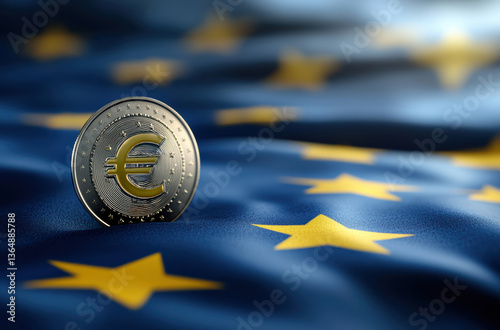 Digital euro coin on European Union flag background