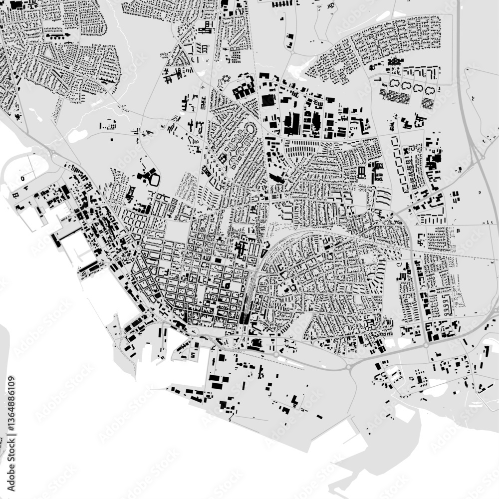 Map of Esbjerg, Denmark. Black and white city map, municipality area.