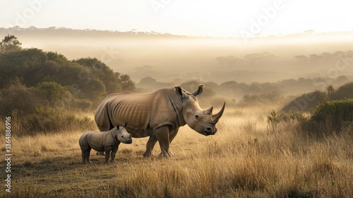 Majestic Rhino and Calf Walking Through Misty Savanna Landscape