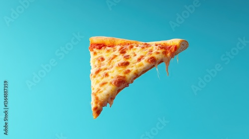 A tempting slice of cheese pizza hovers against a vibrant blue backdrop, showcasing its melted cheese and crispy crust. Perfect for food lovers and pizza enthusiasts