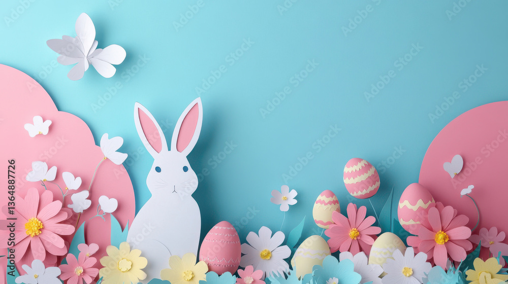 Obraz premium easter day with an rabbit and pastel easter eggs among flowers agaisnt pastel background