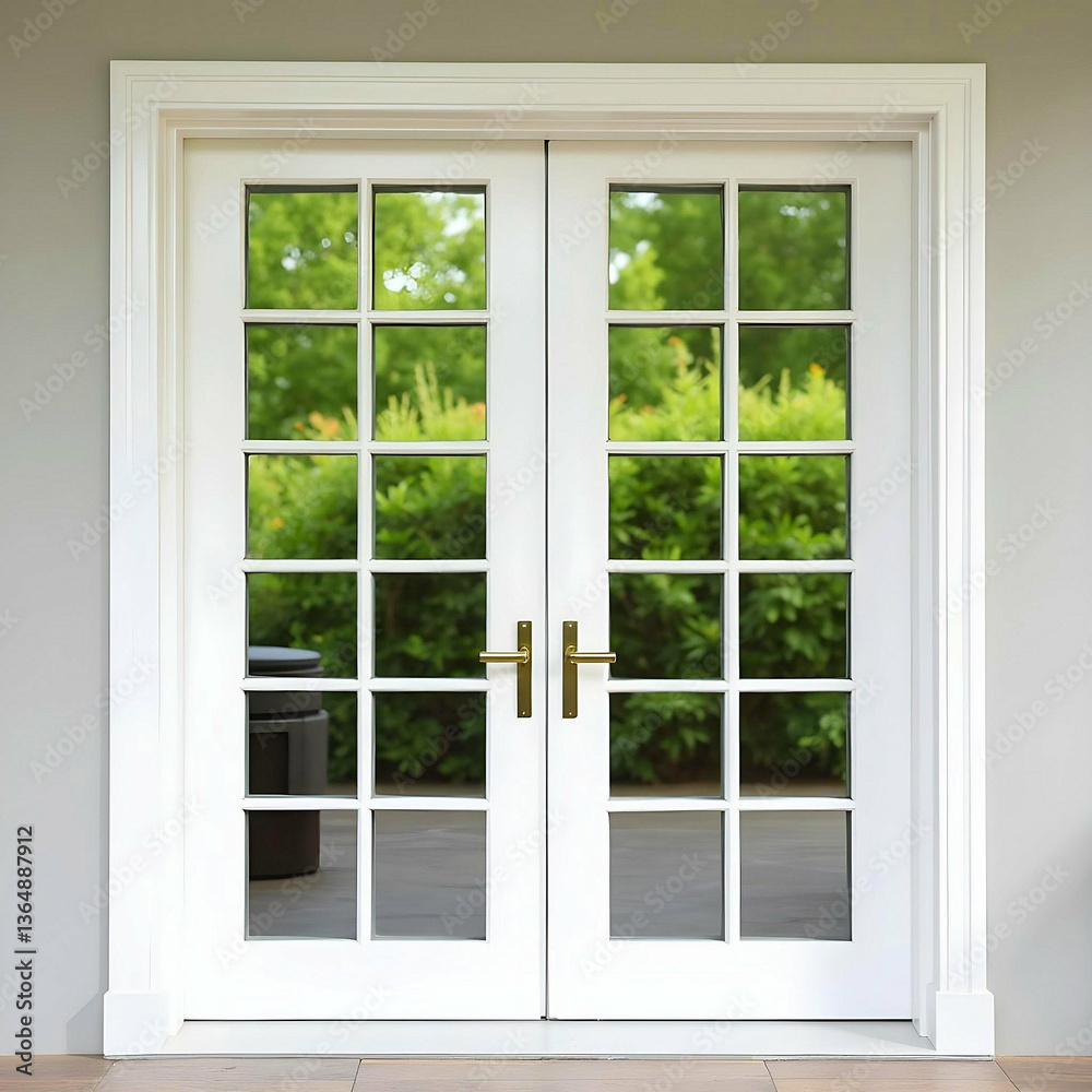 French doors with a view of the green garden outside. Concept of connecting indoor space with nature through transparent doors. French doors with a view of the green garden outside. Concept of connecting indoor space with nature through transparent doors.