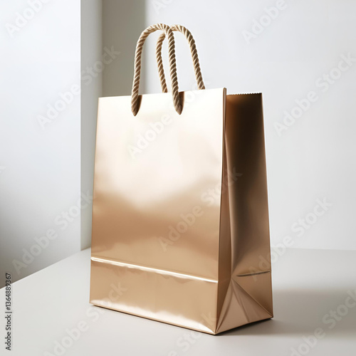 Glossy Brown Paper Shopping Bag with Rope Handles Perfect for Luxury Packaging Concepts