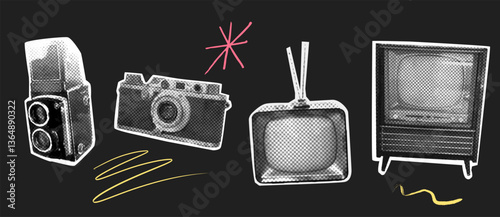 Retro camera, vintage TV set, black and white halftone collage. Nostalgic tech collection collage stickers set, zine doodle design elements