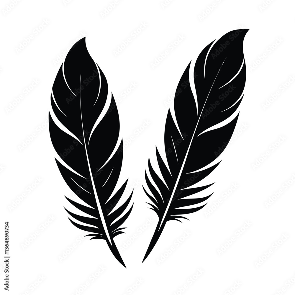 Fototapeta premium Fluffy feather vector illustration set with bird wing silhouette art