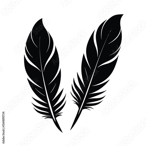 Fluffy feather vector illustration set with bird wing silhouette art