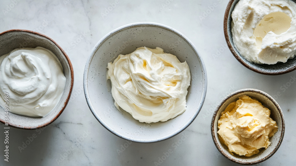 White bowl with mayonnaise, cheese sauce, yogurt or cream. Small round ceramic dish and homemade dip in porcelain container, top side view, vector realistic set isolated on transparent background White bowl with mayonnaise, cheese sauce, yogurt or cream. Small round ceramic dish and homemade dip in porcelain container, top side view, vector realistic set isolated on transparent background