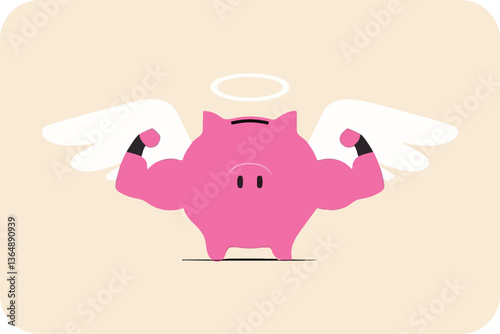 Financial Strength & Virtue: Piggy Bank with Angel Wings Flexes Muscles, Symbolizing Wise Saving and Investments for Future Prosperity