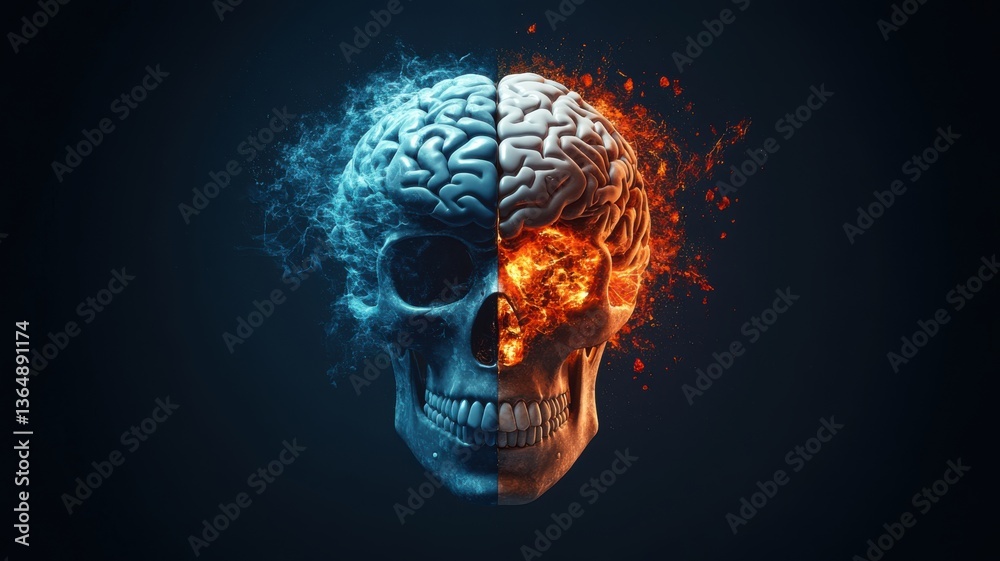 Duality of human brain, fire and ice symbolizing emotional contrast Duality of human brain, fire and ice symbolizing emotional contrast