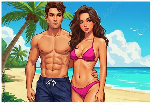 Smiling couple enjoys vibrant tropical beach scene sun-kissed skin glows under bright sunlight. AI Generated
